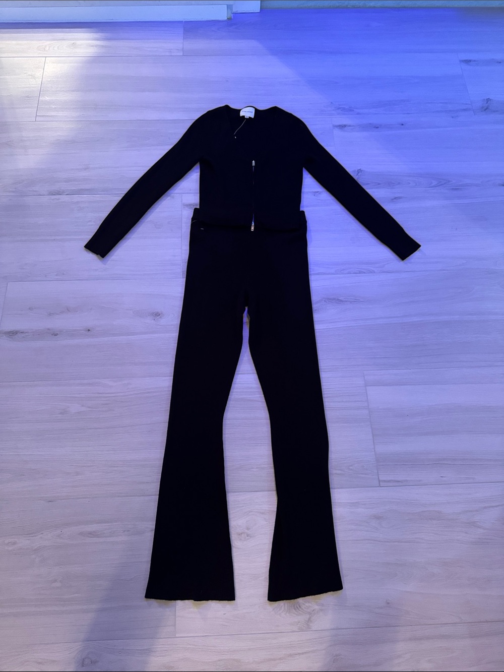 Pink Rose Black Knit Flare Pants with Matching Zip Cardigan Set